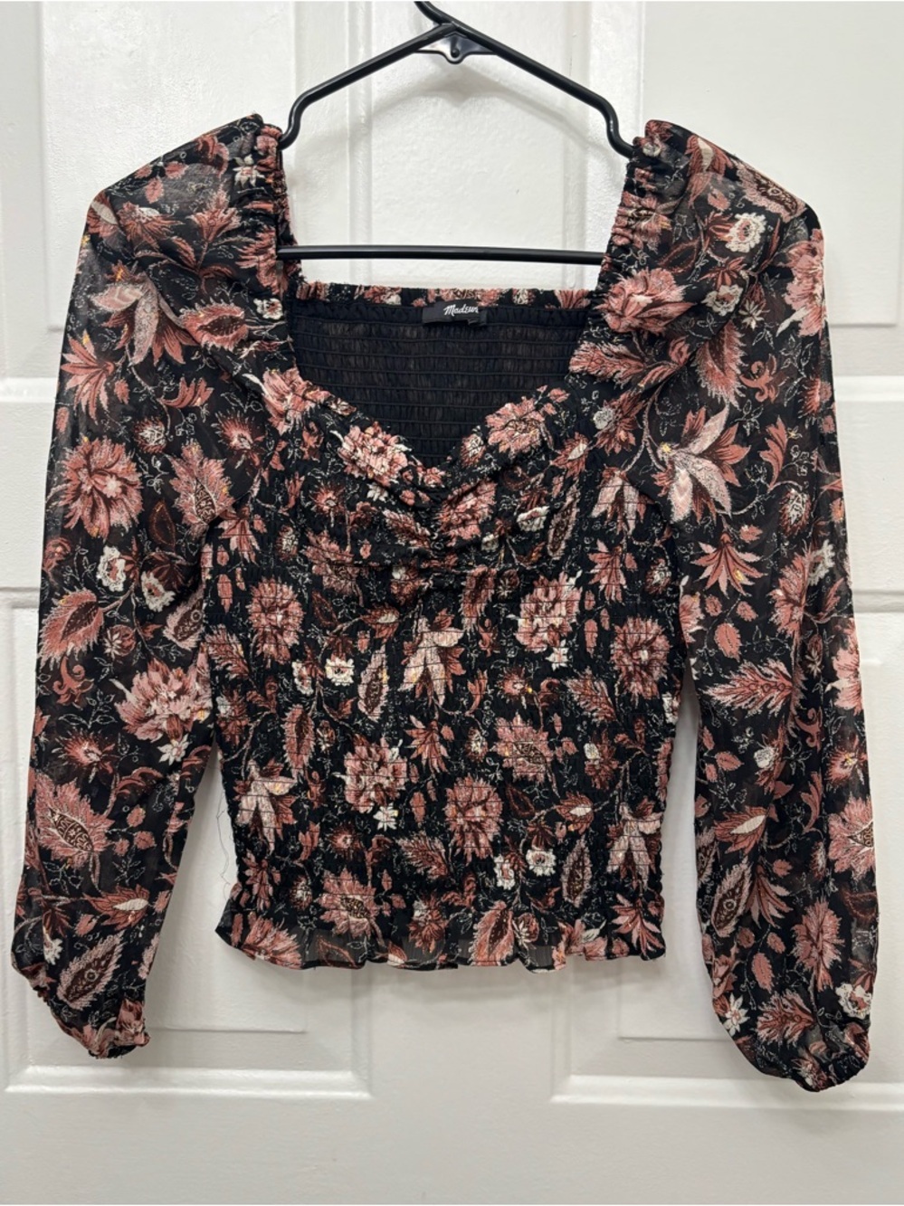 Madewell Black Floral Smocked Square-Neck Blouse with Dusty Rose Print